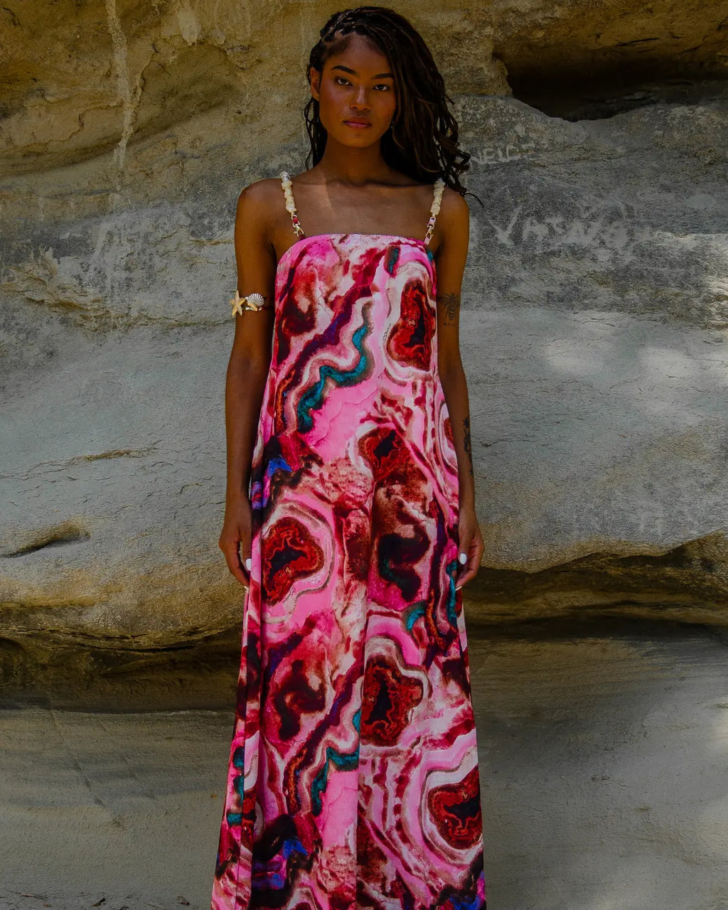 Vestido Longo Cristal com Alça de Pedras Removível - Rosa Mineral