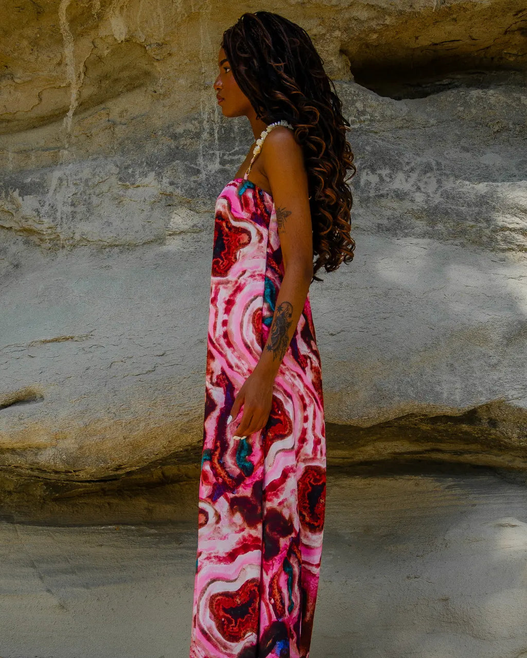 Vestido Longo Cristal com Alça de Pedras Removível - Rosa Mineral