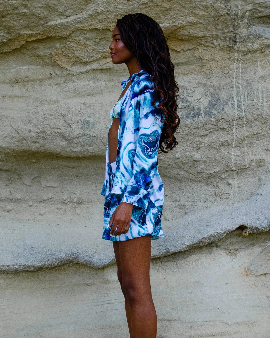 Conjunto Shorts e Camisa em Seda Touch - Azul Mineral