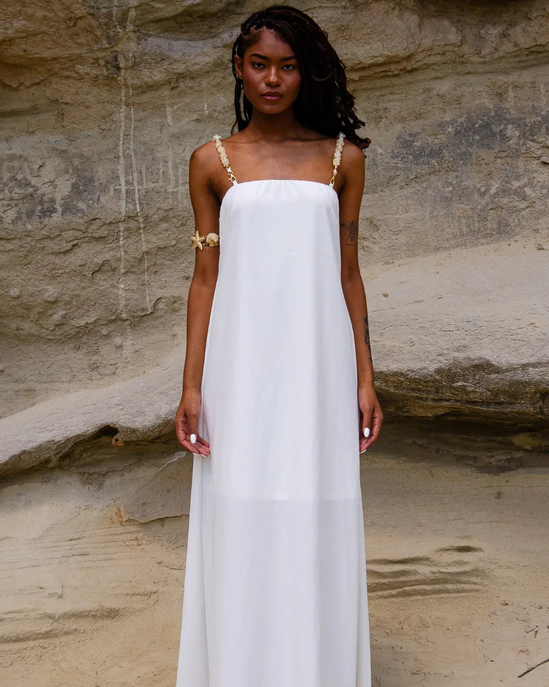 Vestido Longo Cristal com Alça de Pedras Removível - Branco