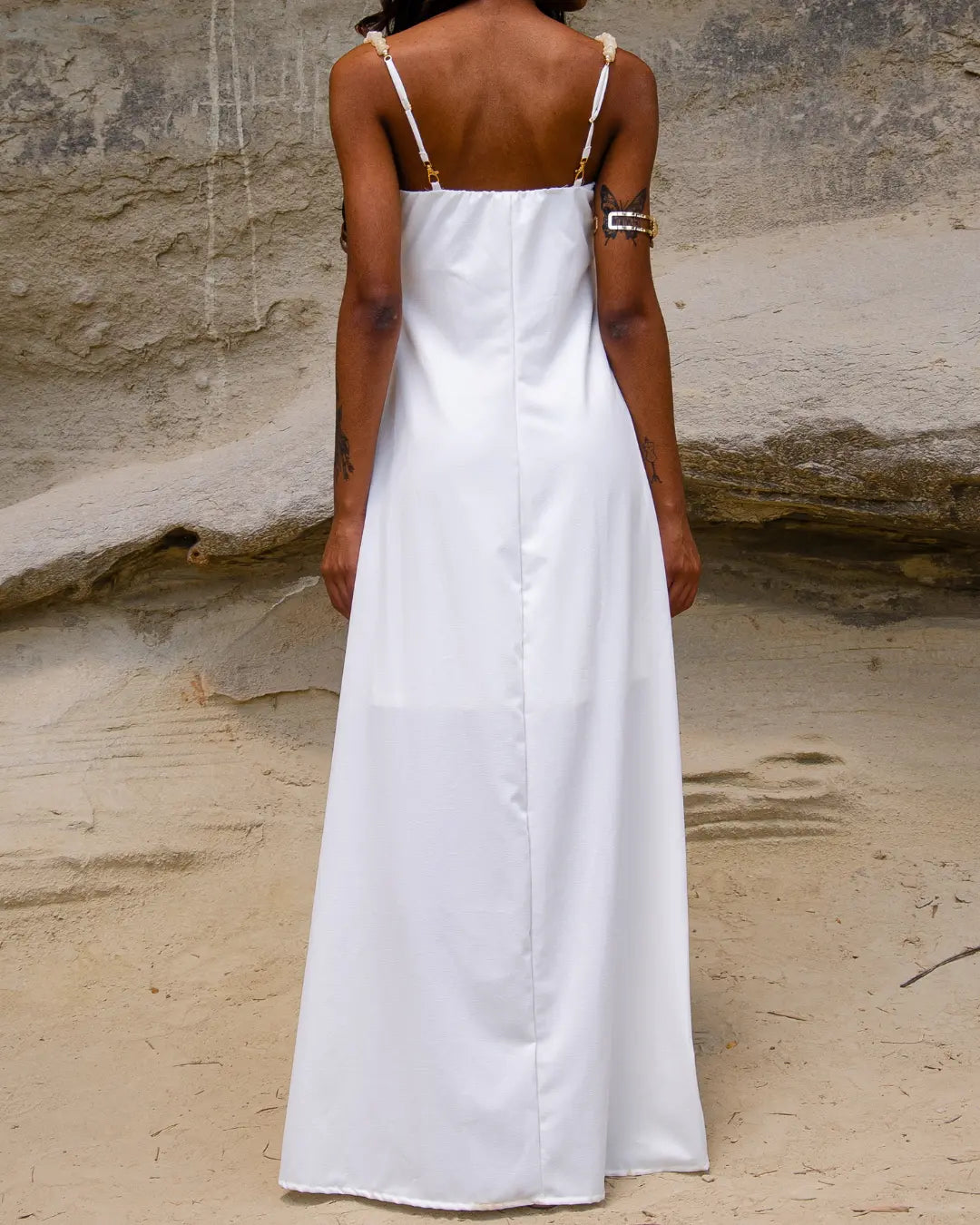 Vestido Longo Cristal com Alça de Pedras Removível - Branco