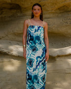 Vestido Longo Cristal com Alça de Pedras Removível - Azul Mineral