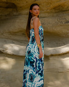 Vestido Longo Cristal com Alça de Pedras Removível - Azul Mineral