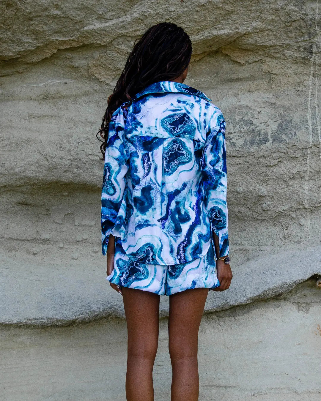 Conjunto Shorts e Camisa em Seda Touch - Azul Mineral