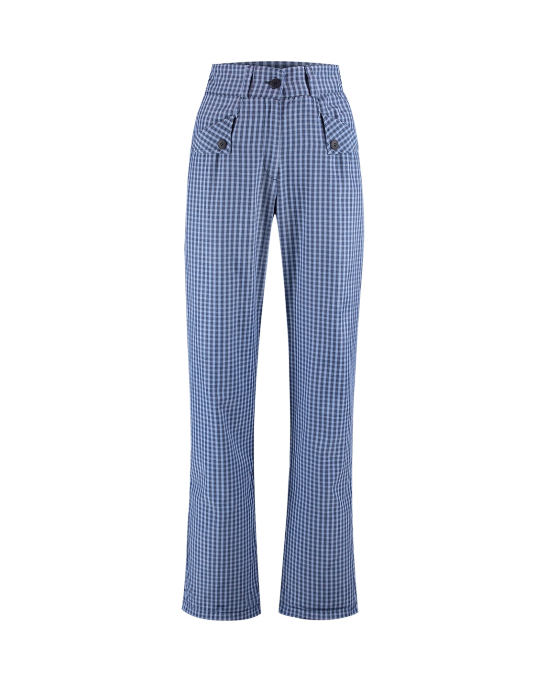 Calça reta azul xadrez