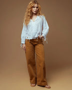 Calça Pantalona de Sarja Caramelo com Estampa de Citrino