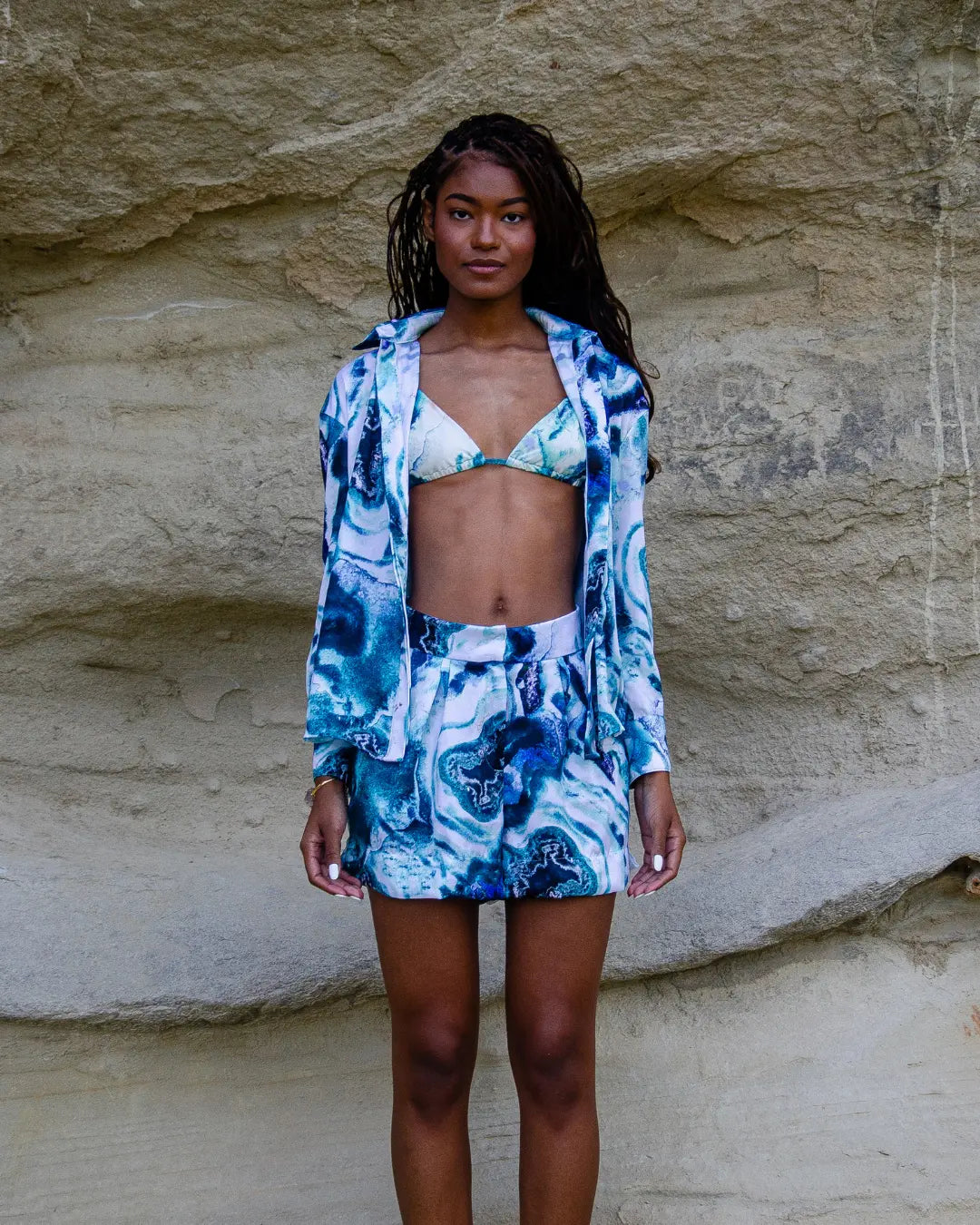 Conjunto Shorts e Camisa em Seda Touch - Azul Mineral