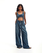 C03CAL03 - Calça Wide Leg Cinto Vintage Blue Denim
