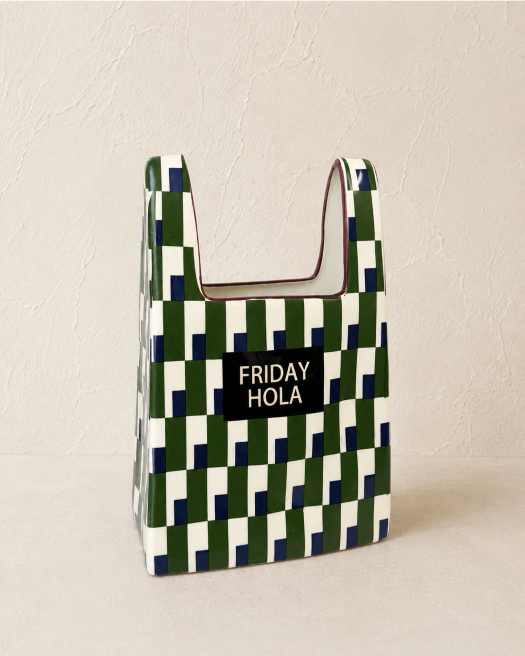 Vaso de Cerâmica Bolsa Verde, Azul e Branco