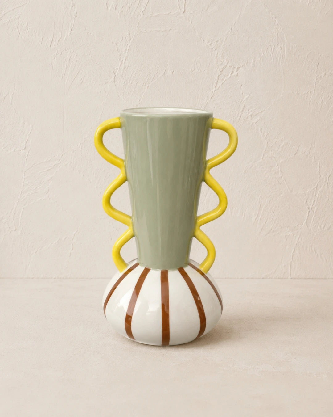 Vaso de Cerâmica Verde, Amarelo, Branco e Marrom